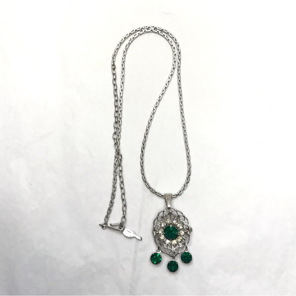 Sarah Coventry Green Rhinestone Pendant Pin on Silver Plated Chain